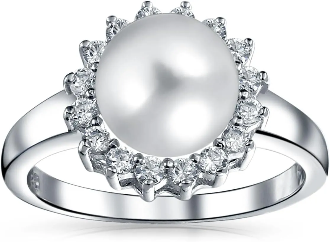 Bling Jewelry Personalize Bridal Party CZ Halo Side Stones White Solitaire Freshwater Cultured Pearl Engagement Cocktail Ring For Women .925 Sterling Silver Customizable
