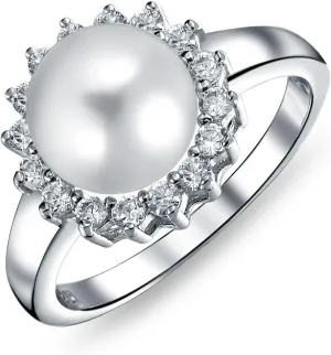 Bling Jewelry Personalize Bridal Party CZ Halo Side Stones White Solitaire Freshwater Cultured Pearl Engagement Cocktail Ring For Women .925 Sterling Silver Customizable