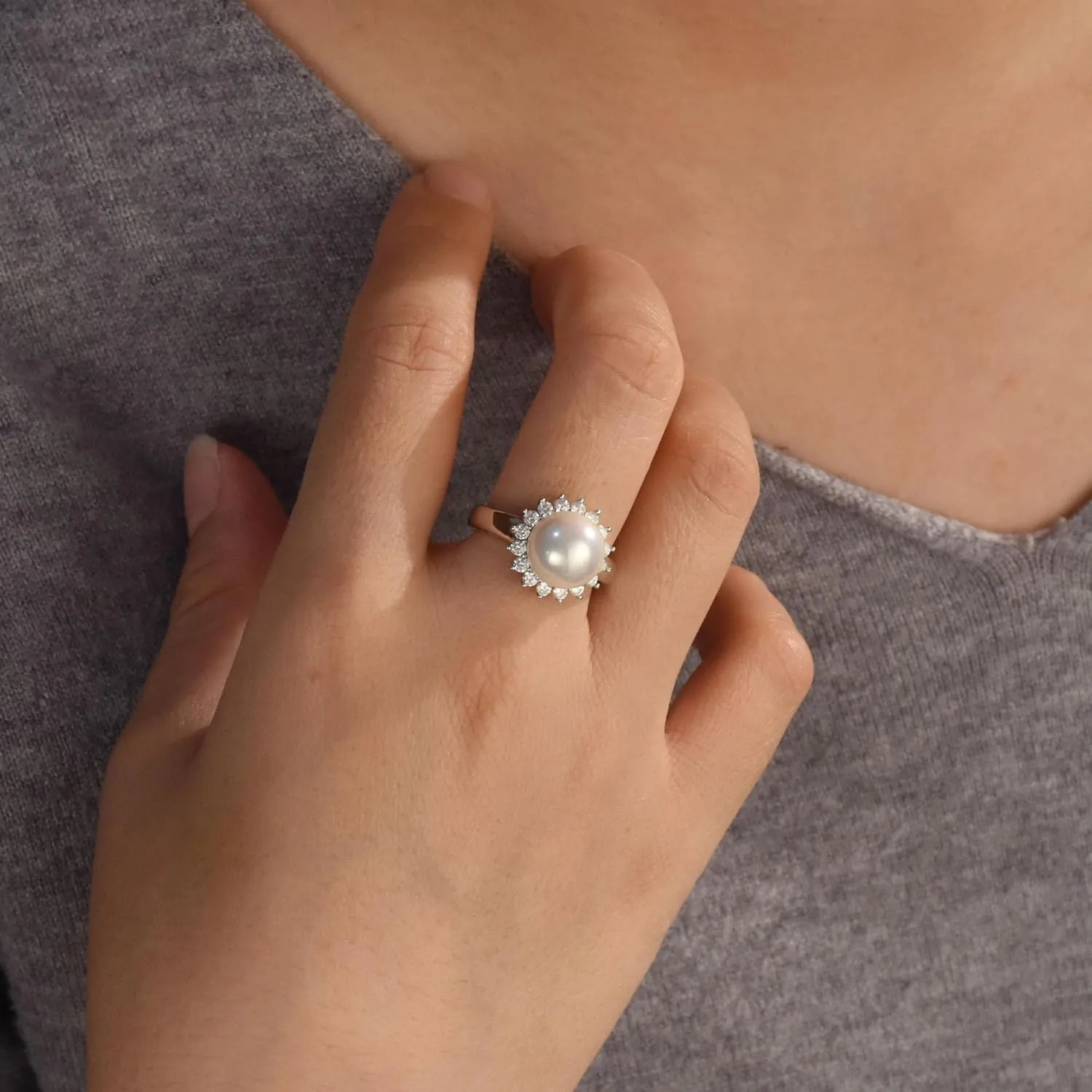 Bling Jewelry Personalize Bridal Party CZ Halo Side Stones White Solitaire Freshwater Cultured Pearl Engagement Cocktail Ring For Women .925 Sterling Silver Customizable