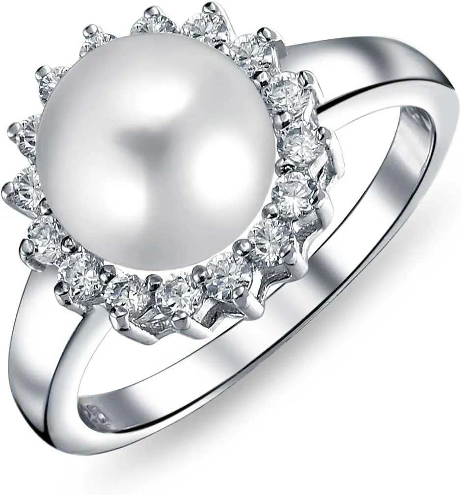 Bling Jewelry Personalize Bridal Party CZ Halo Side Stones White Solitaire Freshwater Cultured Pearl Engagement Cocktail Ring For Women .925 Sterling Silver Customizable