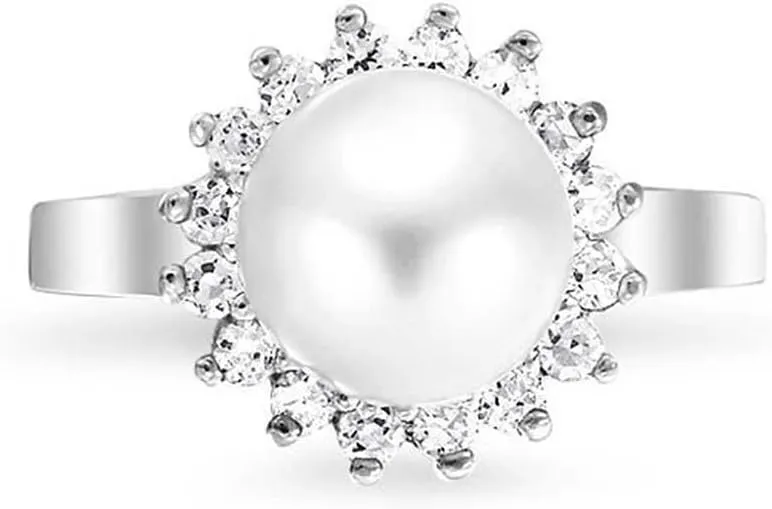 Bling Jewelry Personalize Bridal Party CZ Halo Side Stones White Solitaire Freshwater Cultured Pearl Engagement Cocktail Ring For Women .925 Sterling Silver Customizable
