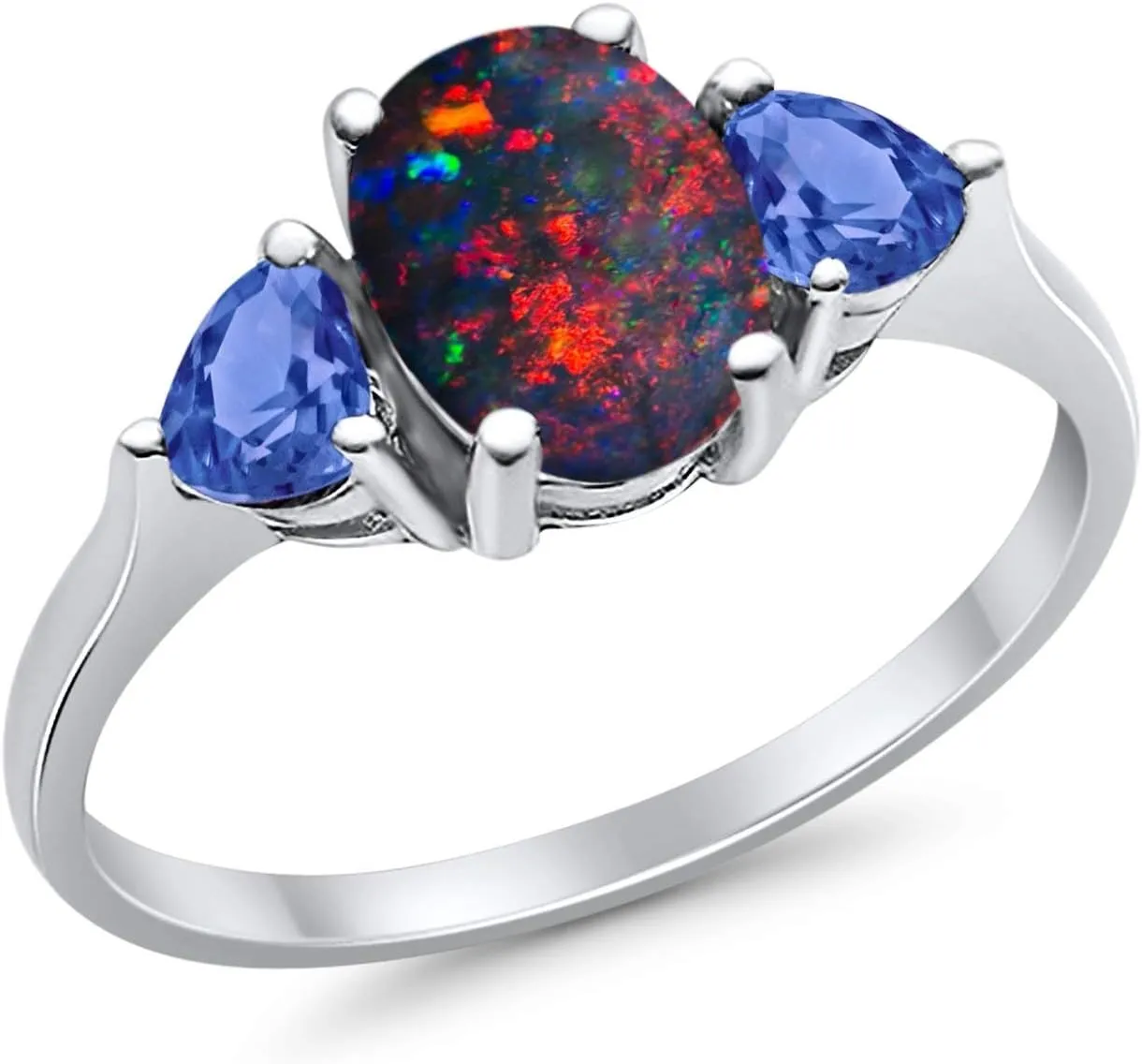 Blue Apple Co. Art Deco Ring Three Stone Oval Cubic Zirconia Trellis Ring Two Heart Tanzanite CZ Vintage Style Wedding Engagement Rings For Women 925 Sterling Silver Gifts For Her
