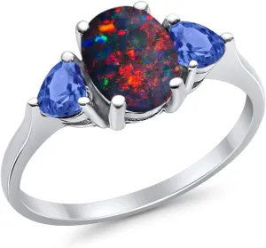 Blue Apple Co. Art Deco Ring Three Stone Oval Cubic Zirconia Trellis Ring Two Heart Tanzanite CZ Vintage Style Wedding Engagement Rings For Women 925 Sterling Silver Gifts For Her