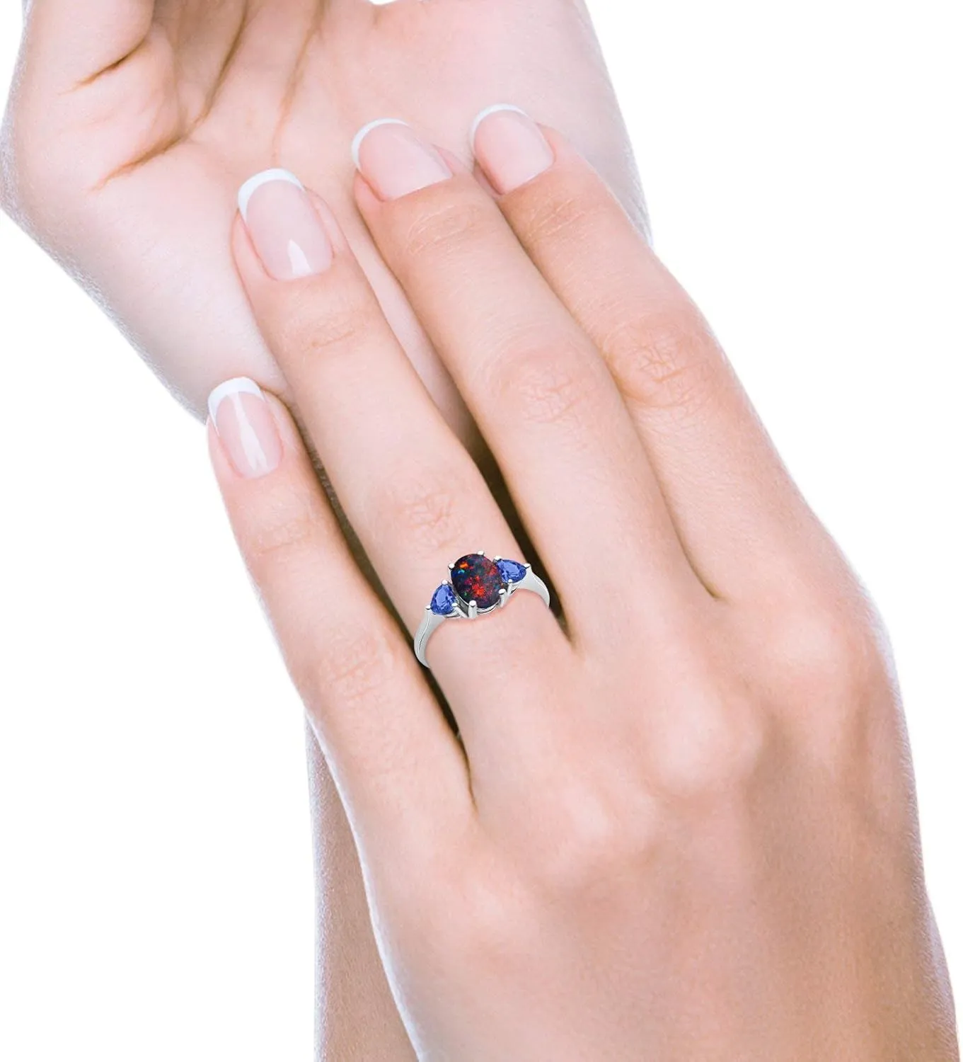 Blue Apple Co. Art Deco Ring Three Stone Oval Cubic Zirconia Trellis Ring Two Heart Tanzanite CZ Vintage Style Wedding Engagement Rings For Women 925 Sterling Silver Gifts For Her