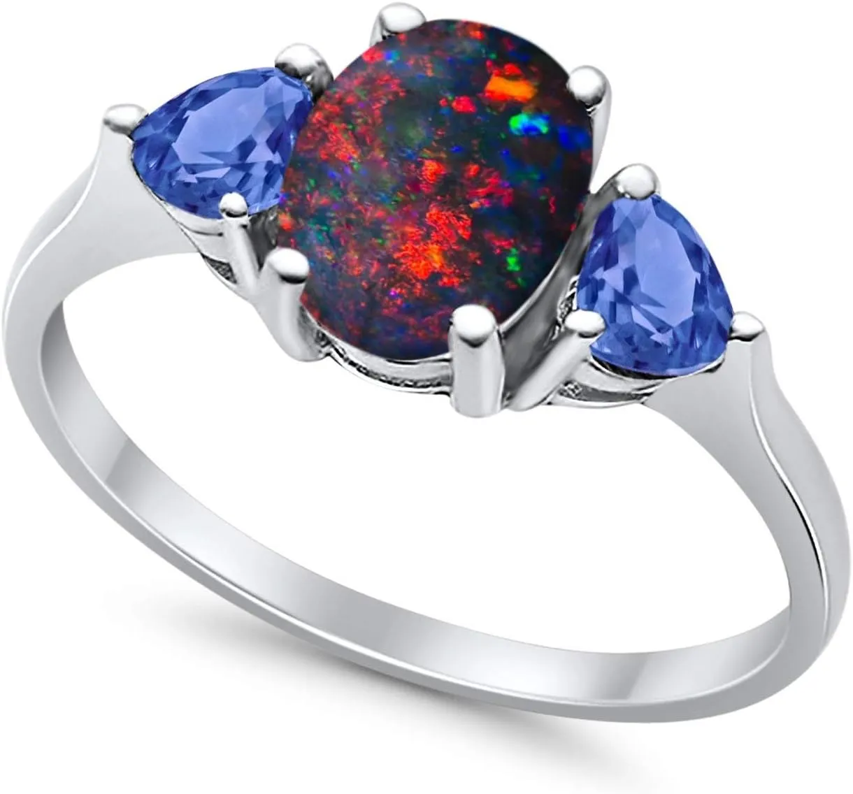 Blue Apple Co. Art Deco Ring Three Stone Oval Cubic Zirconia Trellis Ring Two Heart Tanzanite CZ Vintage Style Wedding Engagement Rings For Women 925 Sterling Silver Gifts For Her