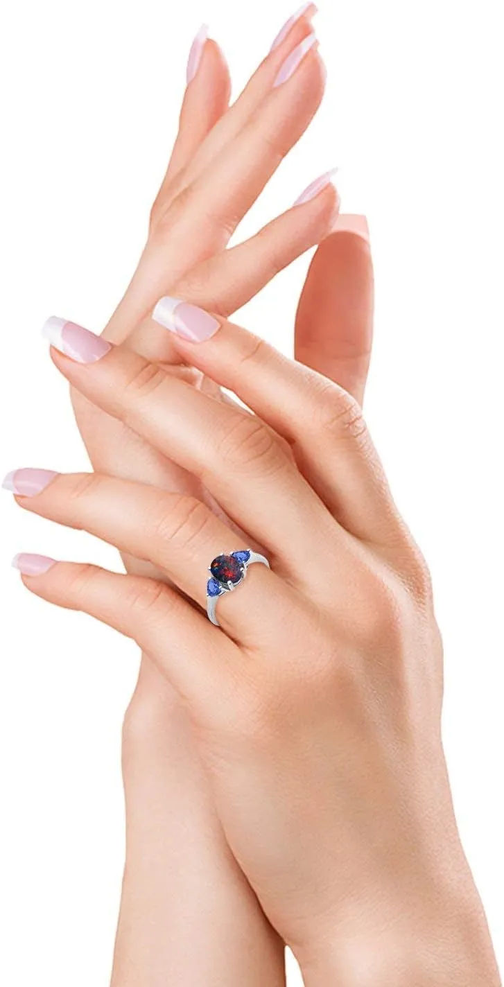 Blue Apple Co. Art Deco Ring Three Stone Oval Cubic Zirconia Trellis Ring Two Heart Tanzanite CZ Vintage Style Wedding Engagement Rings For Women 925 Sterling Silver Gifts For Her