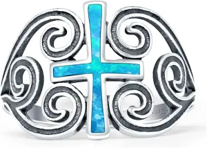 Blue Apple Co. Minimalist 14mm Lab Created Opal Cross Heart Swirl Ring Oxidized Vintage Style Filigree Fashion Statement Rings For Women 925 Sterling Silver Gifts For Her