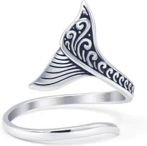 Blue Apple Co. Minimalist 20mm Whale Tail Ring Oxidized Vintage Style Engraved Design Animal Jewelry Fashion Statement Adjustable Rings For Women 925 Sterling Silver
