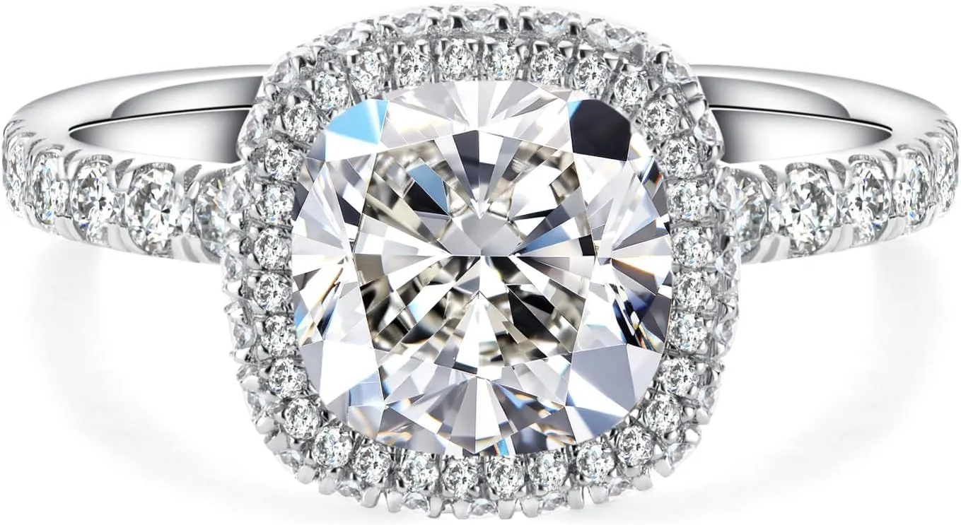 Bo.Dream Cushion/Radiant Cut Halo Cubic Zirconia Promise Rings for Her Platinum Plated Sterling Silver CZ Engagement Ring