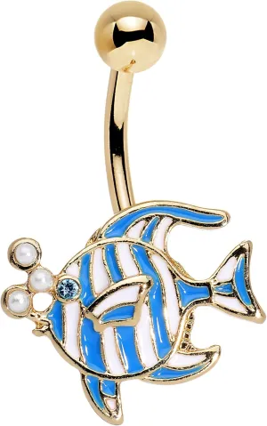Body Candy Gold PVD Steel Blue Accent White Orb Fashionable Fishy Belly Button Ring