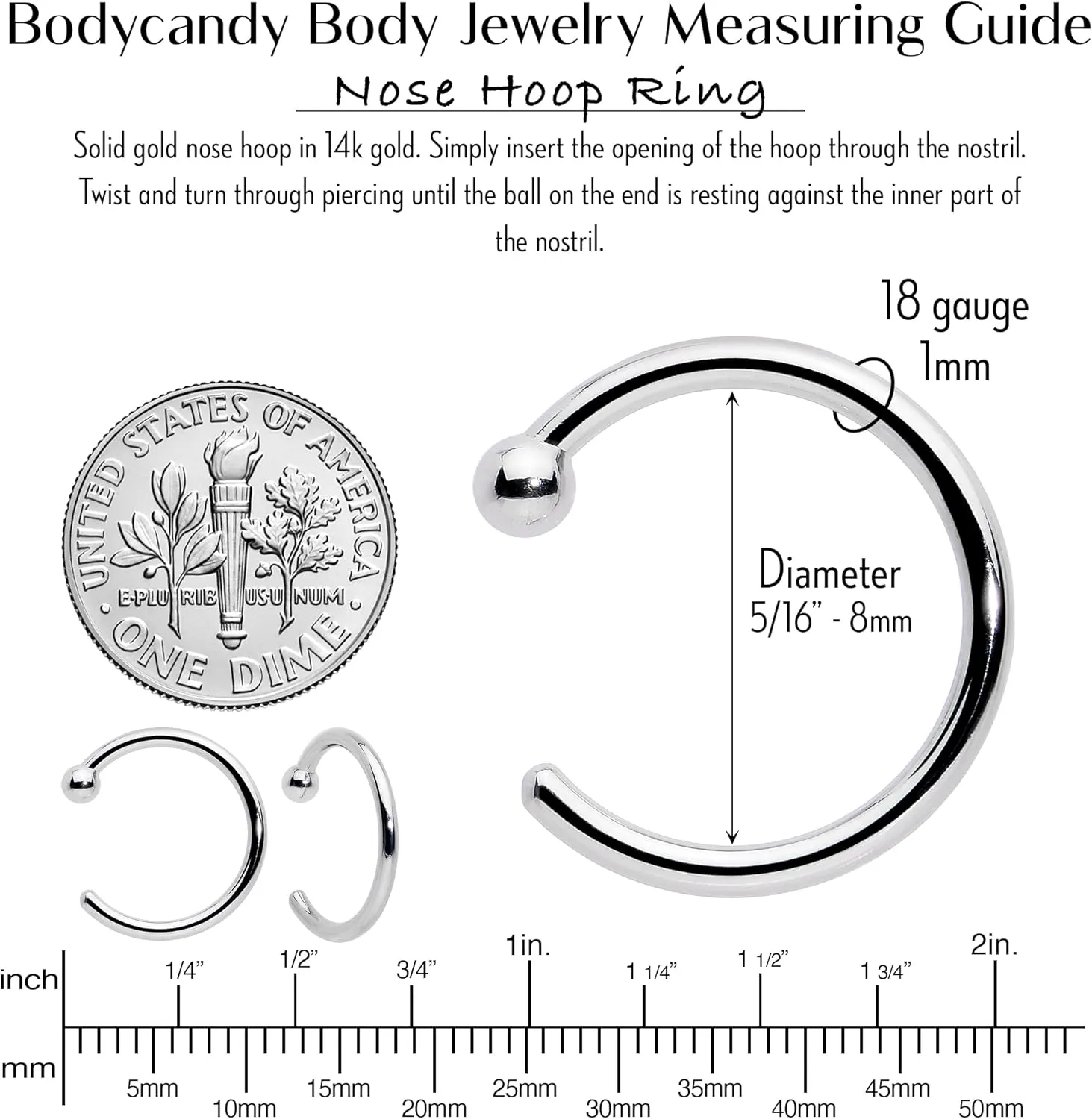 Body Candy Nose Hoops 14k Gold 18 Gauge 5/16 Nose Rings