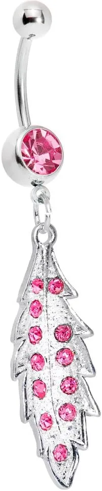 Body Candy Pink Shimmering Leaf Dangle Belly Ring