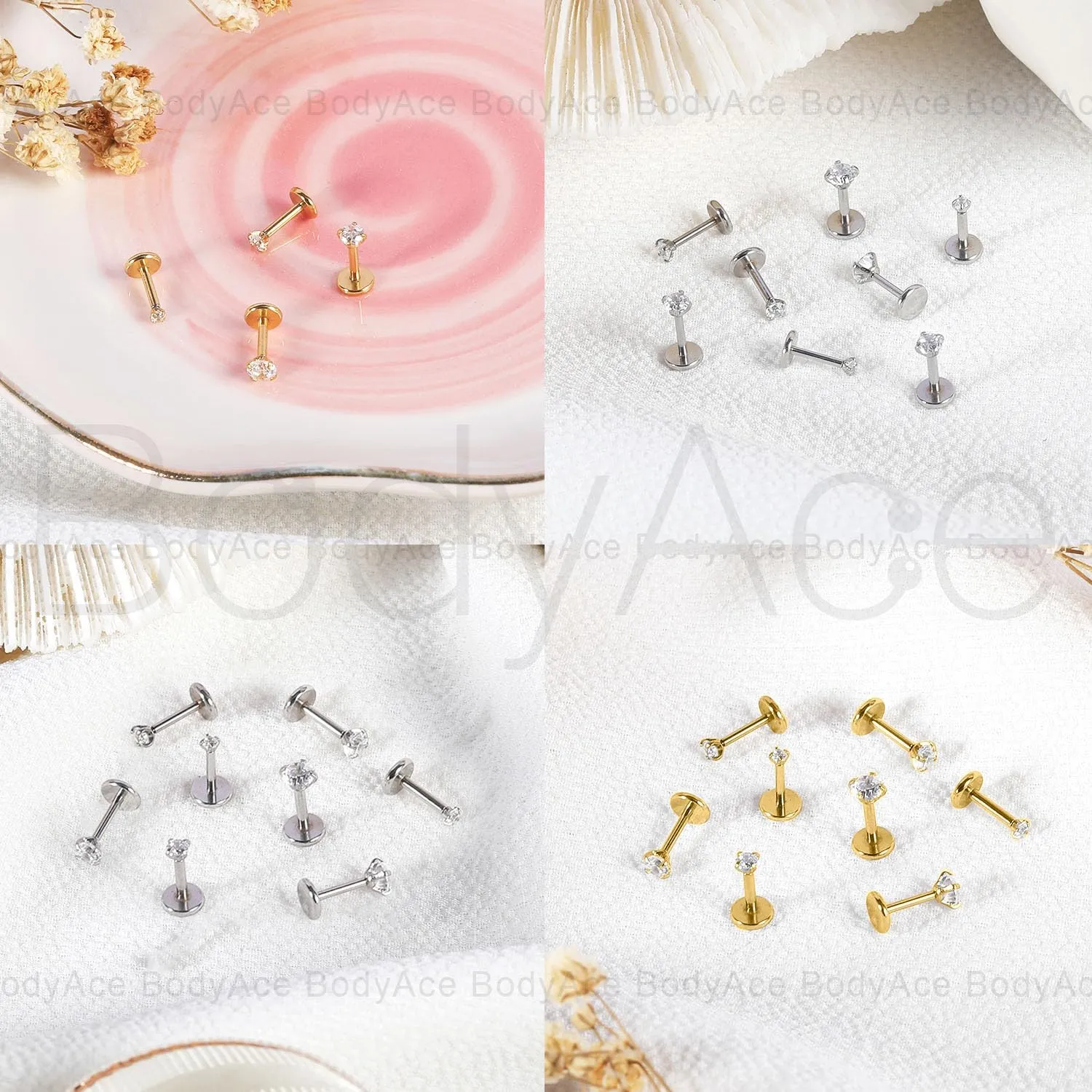 BodyAce 18G/20G Threadless Push in Nose Ring Studs, 316L Surgical Steel Flat Back Earrings Tragus Cartilage Stud, CZ Lip Rings Labret Medusa Piercing Jewelry
