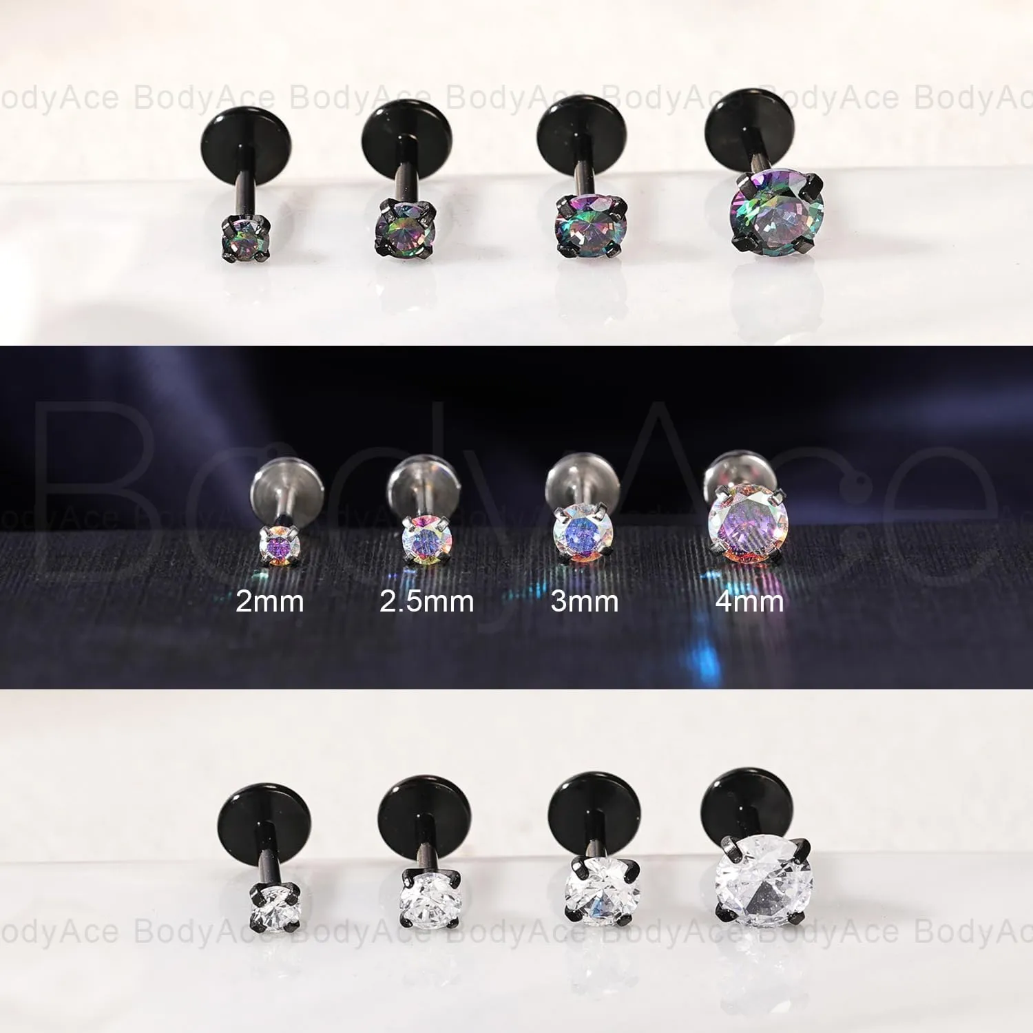 BodyAce 18G/20G Threadless Push in Nose Ring Studs, 316L Surgical Steel Flat Back Earrings Tragus Cartilage Stud, CZ Lip Rings Labret Medusa Piercing Jewelry