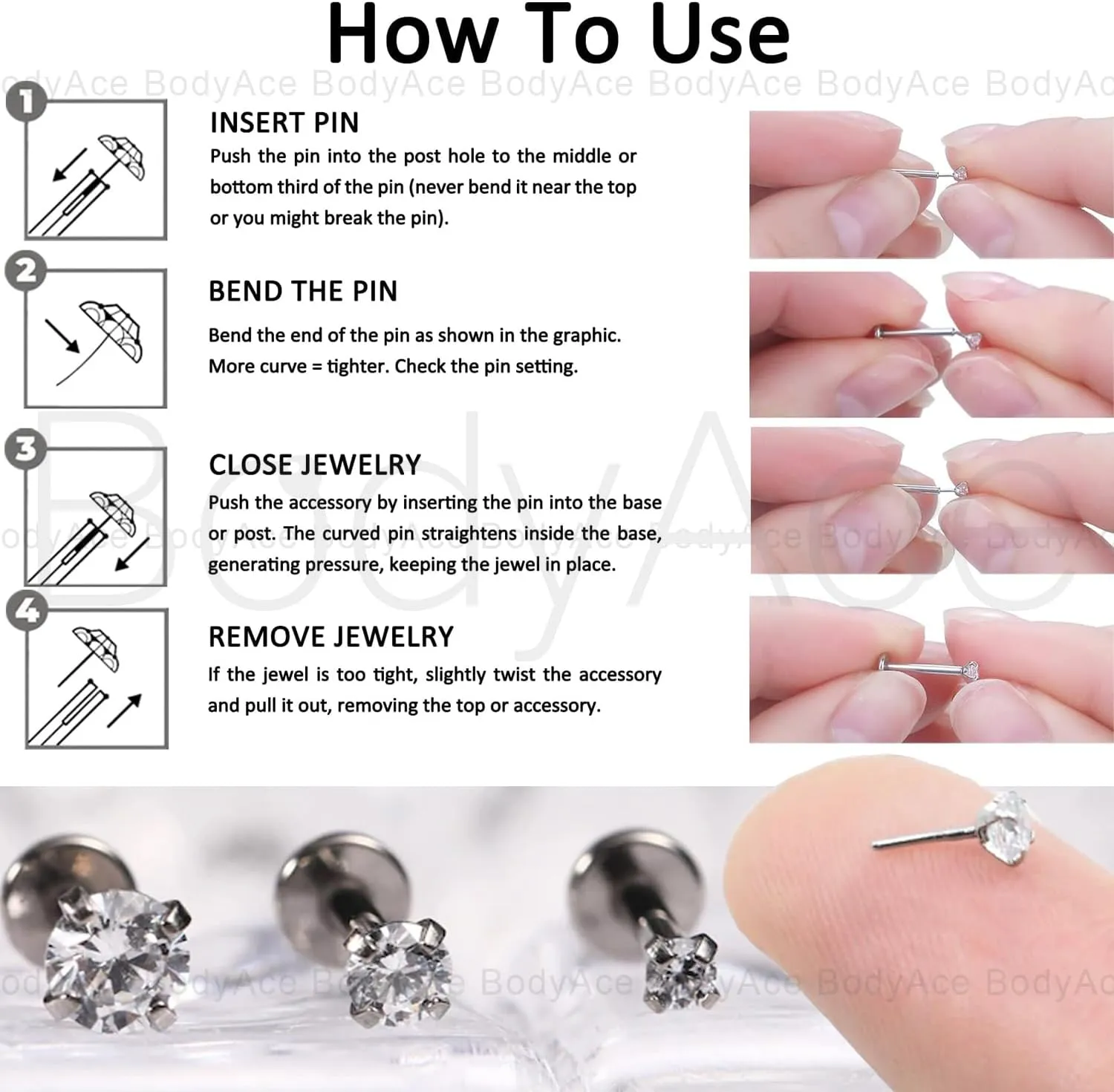 BodyAce 18G/20G Threadless Push in Nose Ring Studs, 316L Surgical Steel Flat Back Earrings Tragus Cartilage Stud, CZ Lip Rings Labret Medusa Piercing Jewelry