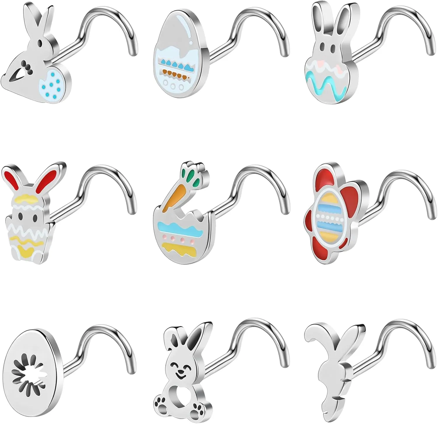 BodyAce 20G Easter Nose Studs Nostril Rings, Stainless Steel Nose Rings l Shaped Nostril Stud, Corkscrew Nose Piercings Jewelry in Cute Easter Eggs Bunny