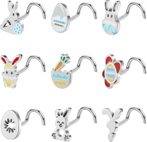 BodyAce 20G Easter Nose Studs Nostril Rings, Stainless Steel Nose Rings l Shaped Nostril Stud, Corkscrew Nose Piercings Jewelry in Cute Easter Eggs Bunny