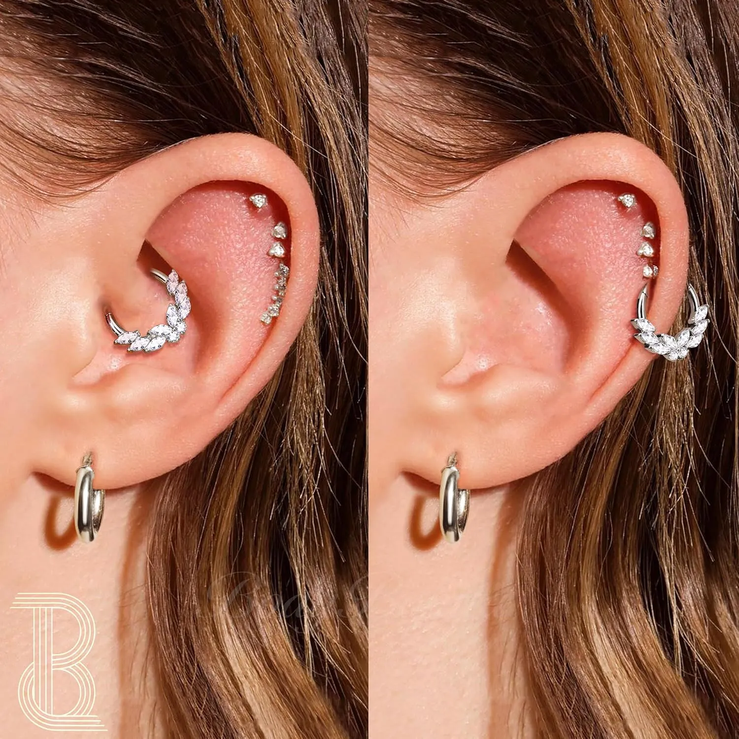 BodyBonita 16G Septum Rings Jewelry - Cubic Zirconia Luxe 316L Stainless Steel Hinged Nose Rings Hoops for Women Conch Piercing Jewelry Tragus Daith Helix Earring 14K Gold Plated/Silver 8 mm/10 mm