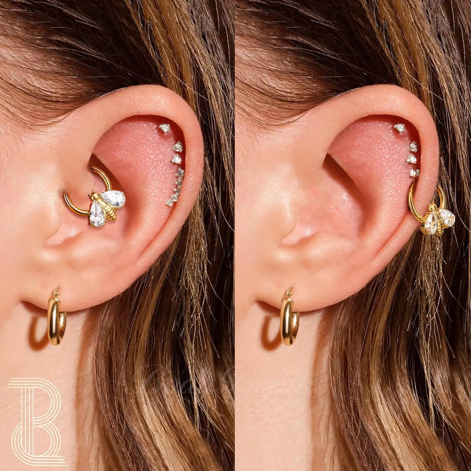 BodyBonita 16G Septum Rings Jewelry - Cubic Zirconia Luxe 316L Stainless Steel Hinged Nose Rings Hoops for Women Conch Piercing Jewelry Tragus Daith Helix Earring 14K Gold Plated/Silver 8 mm/10 mm