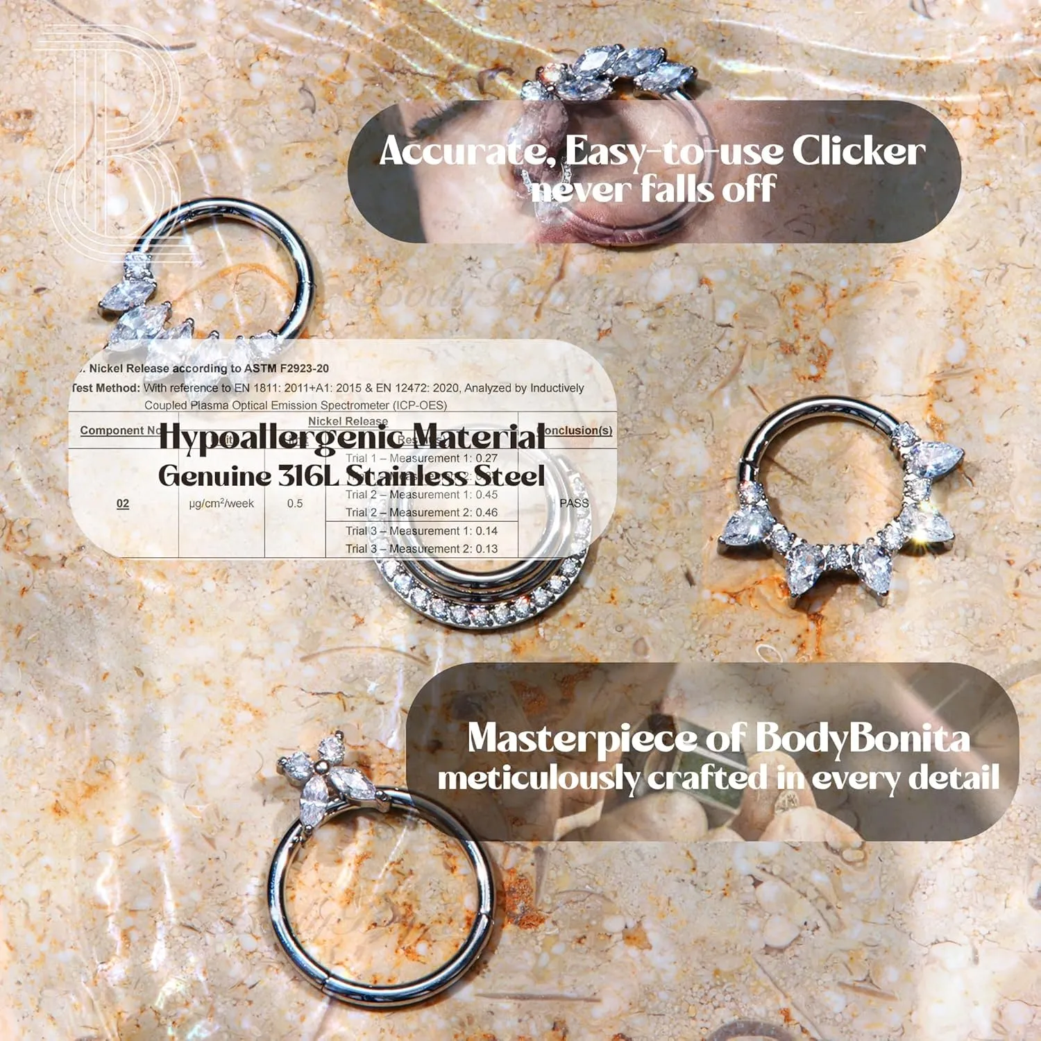BodyBonita 16G Septum Rings Jewelry - Cubic Zirconia Luxe 316L Stainless Steel Hinged Nose Rings Hoops for Women Conch Piercing Jewelry Tragus Daith Helix Earring 14K Gold Plated/Silver 8 mm/10 mm