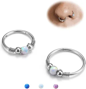 BodyBonita 2Pcs 16G 18G Opal Nose Rings Hoops - 316L Surgical Steel Septum Nose Rings for Women Conch Piercing Jewelry Daith Helix