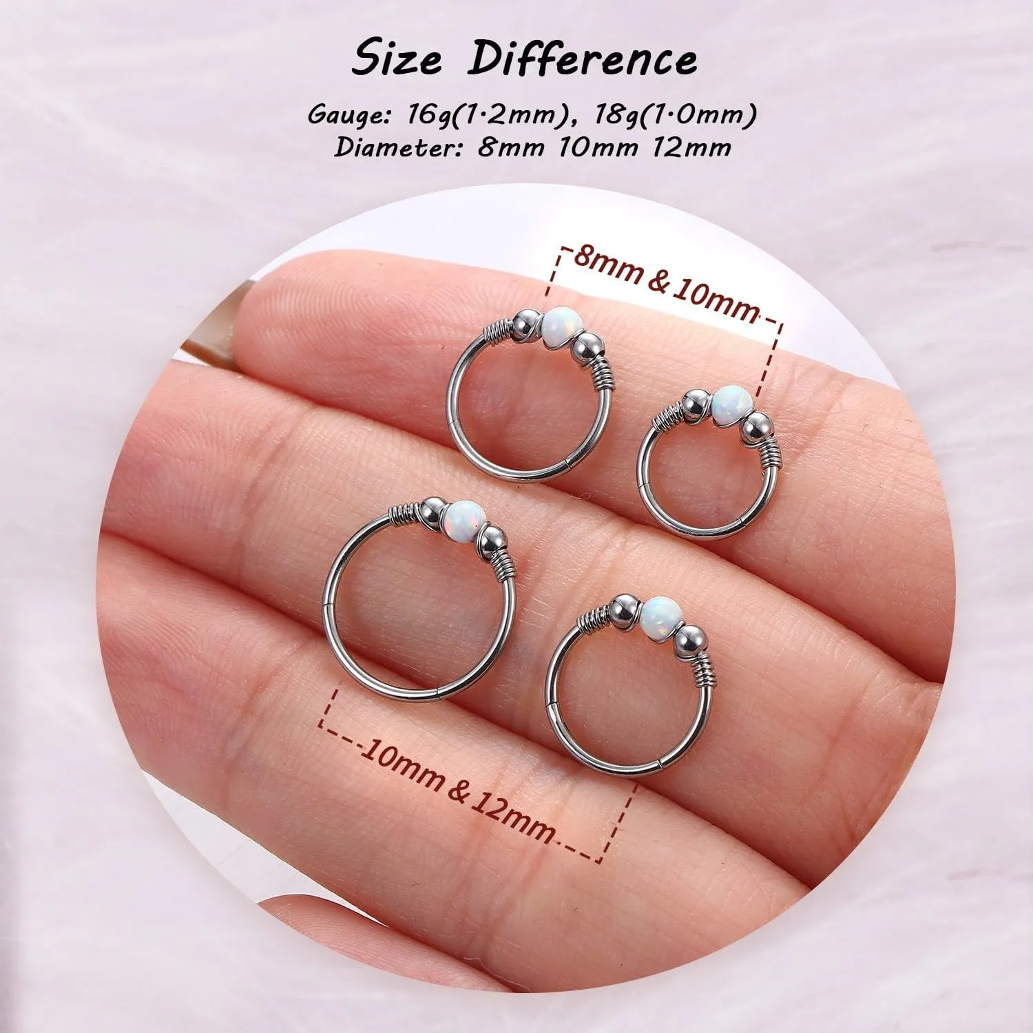 BodyBonita 2Pcs 16G 18G Opal Nose Rings Hoops - 316L Surgical Steel Septum Nose Rings for Women Conch Piercing Jewelry Daith Helix