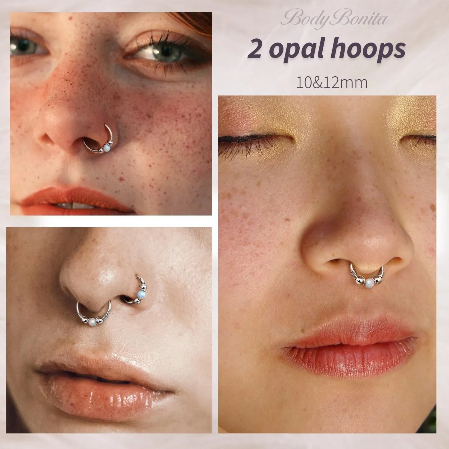 BodyBonita 2Pcs 16G 18G Opal Nose Rings Hoops - 316L Surgical Steel Septum Nose Rings for Women Conch Piercing Jewelry Daith Helix