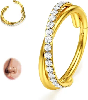 BodyBonita Clear CZ Nose Rings Hoop - 316L Surgical Steel Body Piercing Hoop Clicker 20G/18G/16G Earrings Jewelry Cartilage Helix Rook Tragus Conch Daith Ring 6/7/8/9/10/11/12mm - Gold/Silver/Black