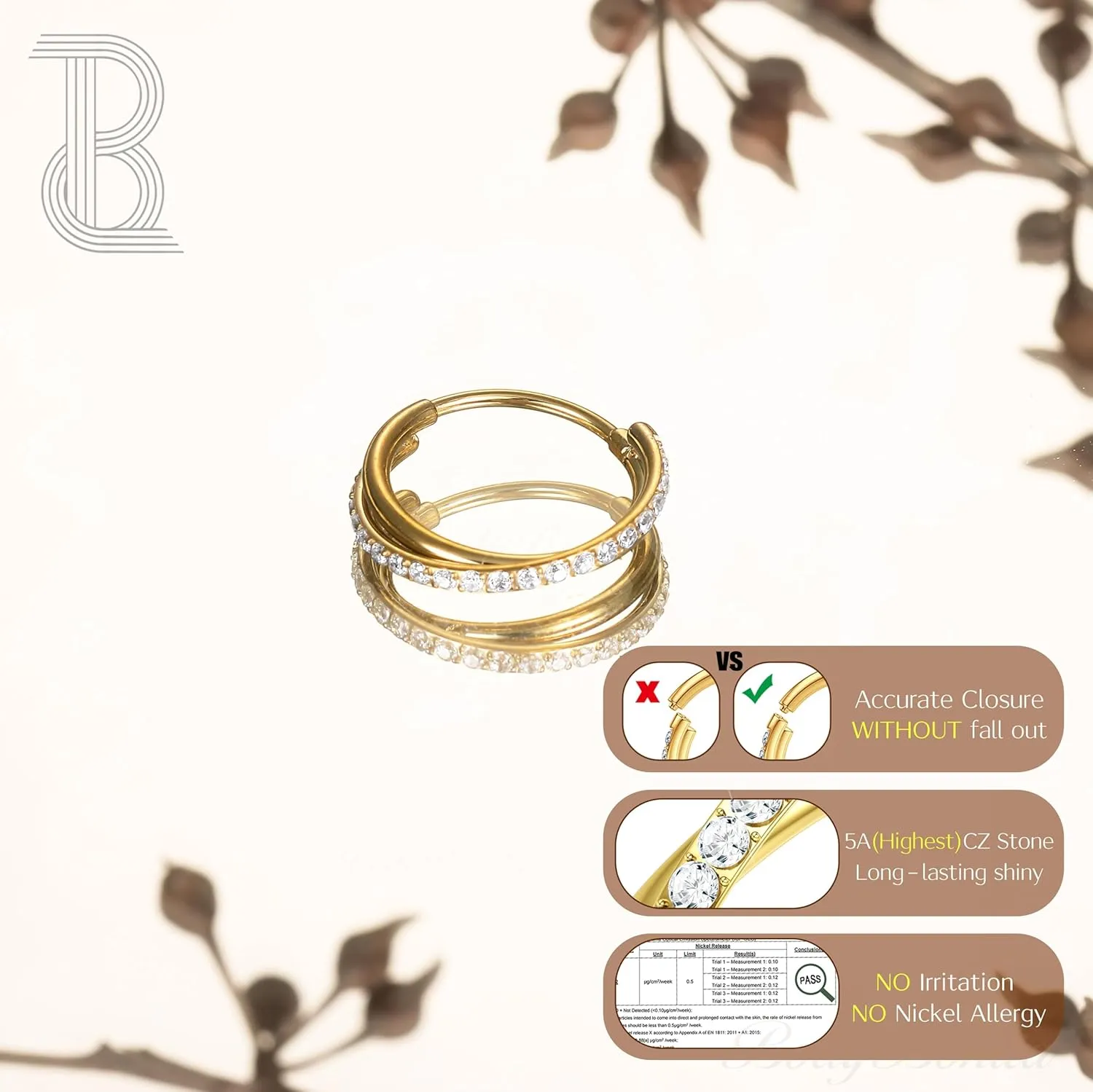 BodyBonita Clear CZ Nose Rings Hoop - 316L Surgical Steel Body Piercing Hoop Clicker 20G/18G/16G Earrings Jewelry Cartilage Helix Rook Tragus Conch Daith Ring 6/7/8/9/10/11/12mm - Gold/Silver/Black