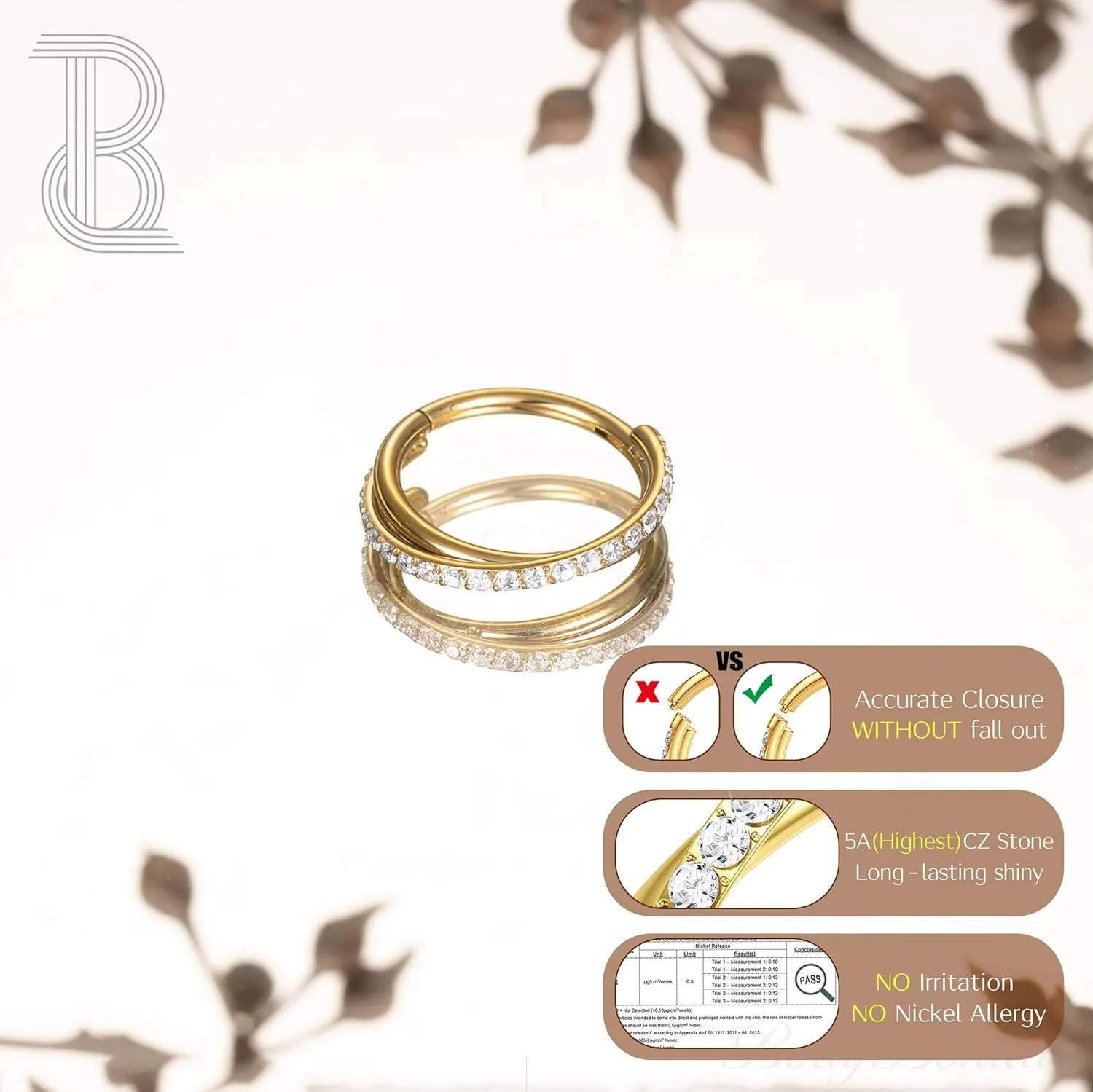 BodyBonita Clear CZ Nose Rings Hoop - 316L Surgical Steel Body Piercing Hoop Clicker 20G/18G/16G Earrings Jewelry Cartilage Helix Rook Tragus Conch Daith Ring 6/7/8/9/10/11/12mm - Gold/Silver/Black