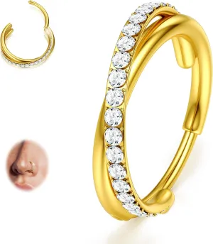 BodyBonita Clear CZ Nose Rings Hoop - 316L Surgical Steel Body Piercing Hoop Clicker 20G/18G/16G Earrings Jewelry Cartilage Helix Rook Tragus Conch Daith Ring 6/7/8/9/10/11/12mm - Gold/Silver/Black