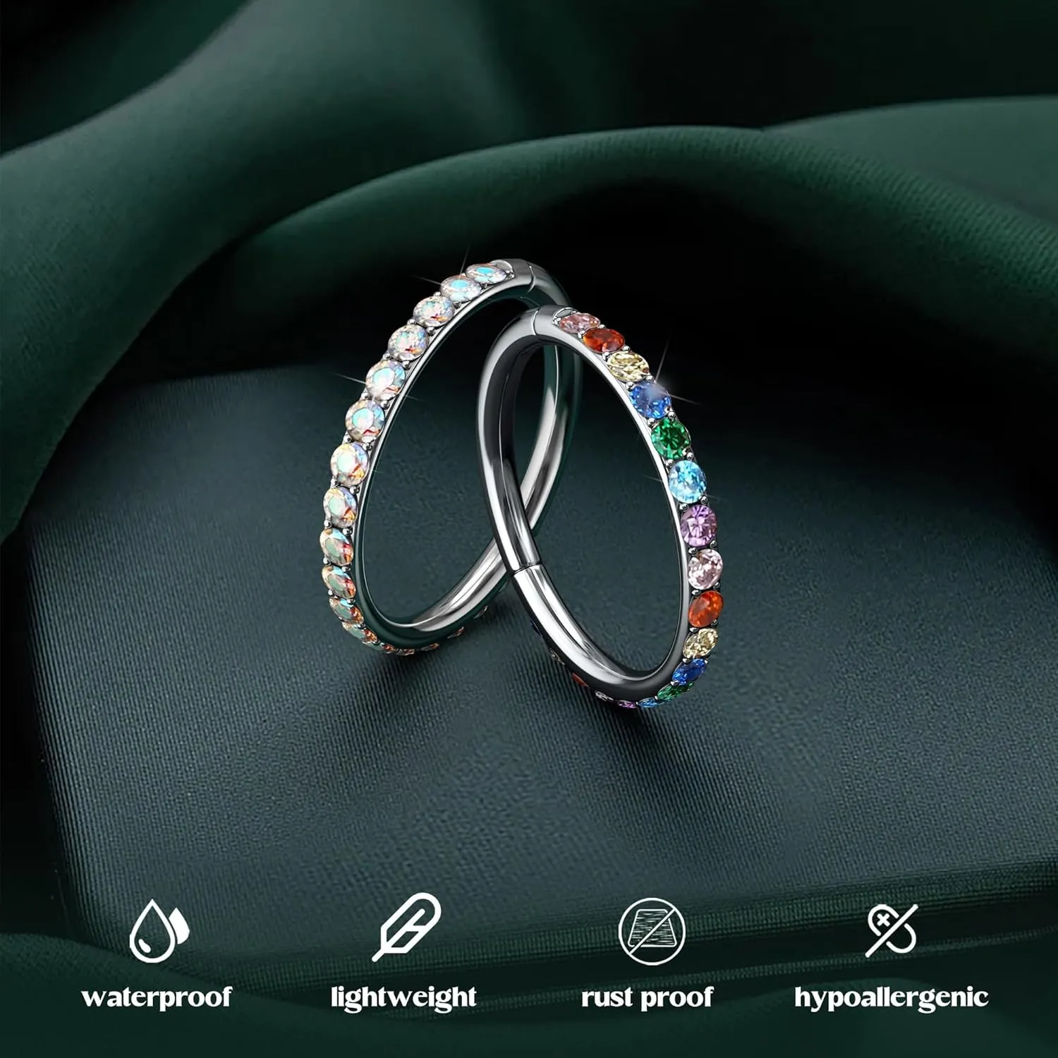 BodyBonita G23 Titanium Nose Rings Hoops - AB/Rainbow/Clear CZ Nose Piercings 16/18/20G Septum Rings Cartilage Helix Rook Tragus Lobe Daith Earrings Body Jewelry for Women Men 6/7/8/9/10/11/12mm