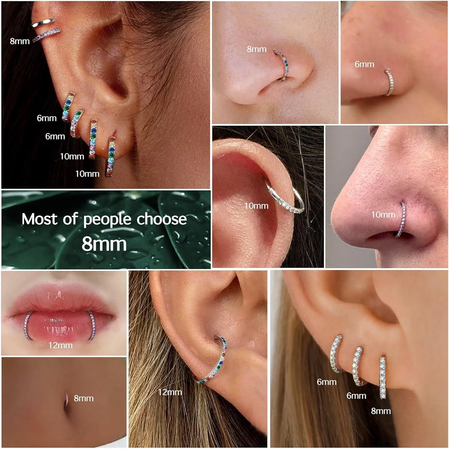BodyBonita G23 Titanium Nose Rings Hoops - AB/Rainbow/Clear CZ Nose Piercings 16/18/20G Septum Rings Cartilage Helix Rook Tragus Lobe Daith Earrings Body Jewelry for Women Men 6/7/8/9/10/11/12mm
