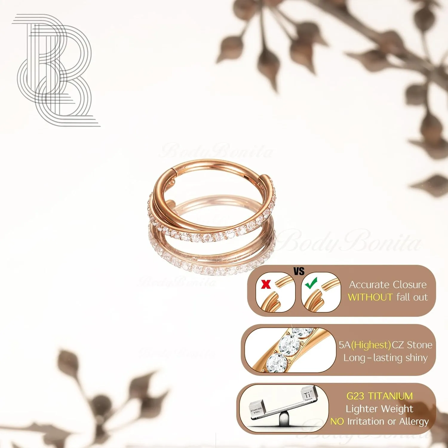 BodyBonita G23 Titanium Nose Rings Hoops - AB/Rainbow/Clear CZ Nose Piercings 16/18/20G Septum Rings Cartilage Helix Rook Tragus Lobe Daith Earrings Body Jewelry for Women Men 6/7/8/9/10/11/12mm