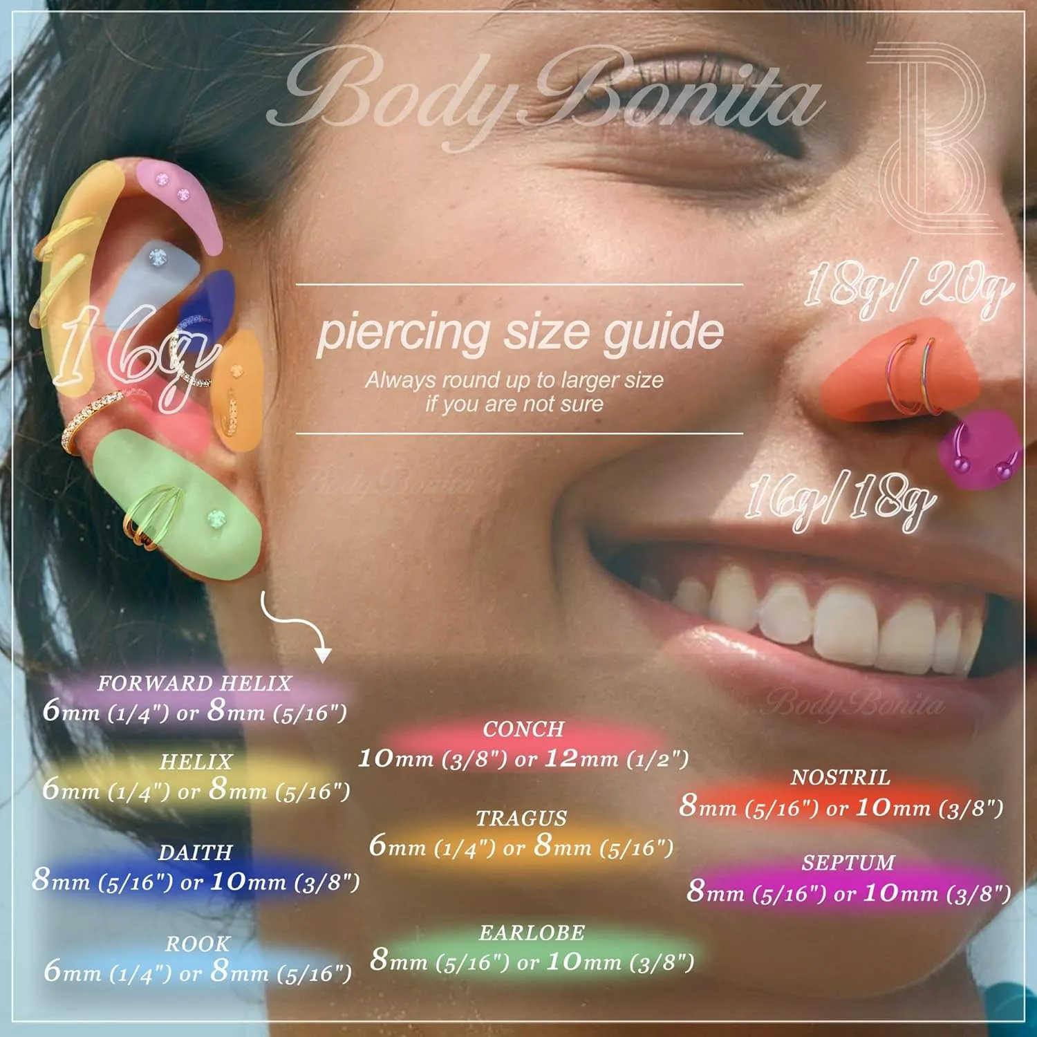 BodyBonita G23 Titanium Nose Rings Hoops - AB/Rainbow/Clear CZ Nose Piercings 16/18/20G Septum Rings Cartilage Helix Rook Tragus Lobe Daith Earrings Body Jewelry for Women Men 6/7/8/9/10/11/12mm