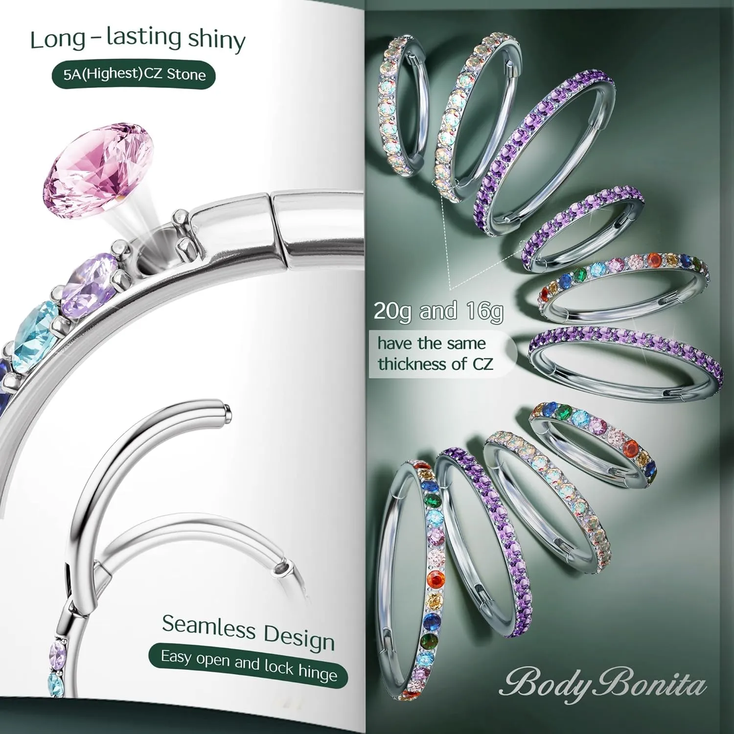 BodyBonita G23 Titanium Nose Rings Hoops - AB/Rainbow/Clear CZ Nose Piercings 16/18/20G Septum Rings Cartilage Helix Rook Tragus Lobe Daith Earrings Body Jewelry for Women Men 6/7/8/9/10/11/12mm