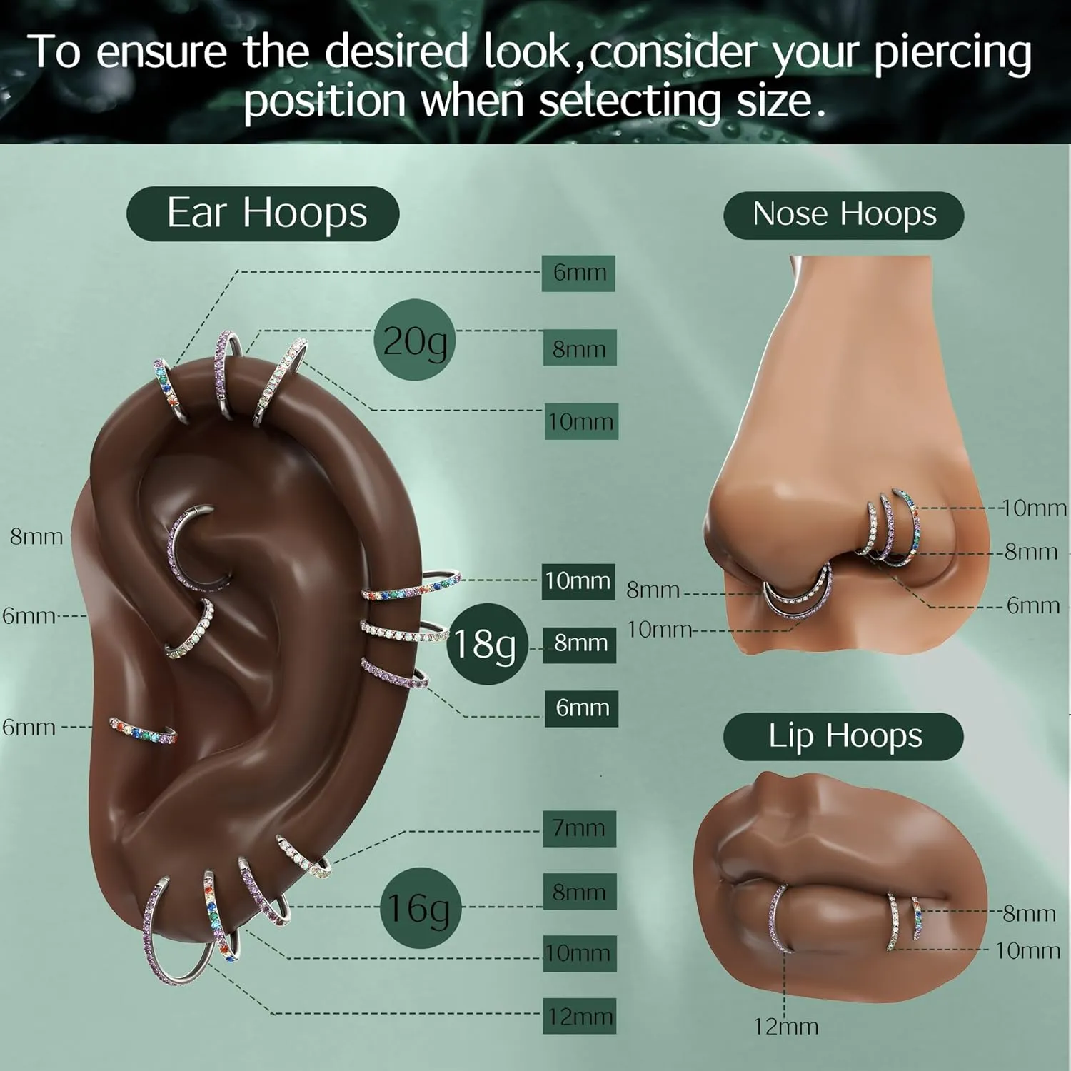 BodyBonita G23 Titanium Nose Rings Hoops - AB/Rainbow/Clear CZ Nose Piercings 16/18/20G Septum Rings Cartilage Helix Rook Tragus Lobe Daith Earrings Body Jewelry for Women Men 6/7/8/9/10/11/12mm
