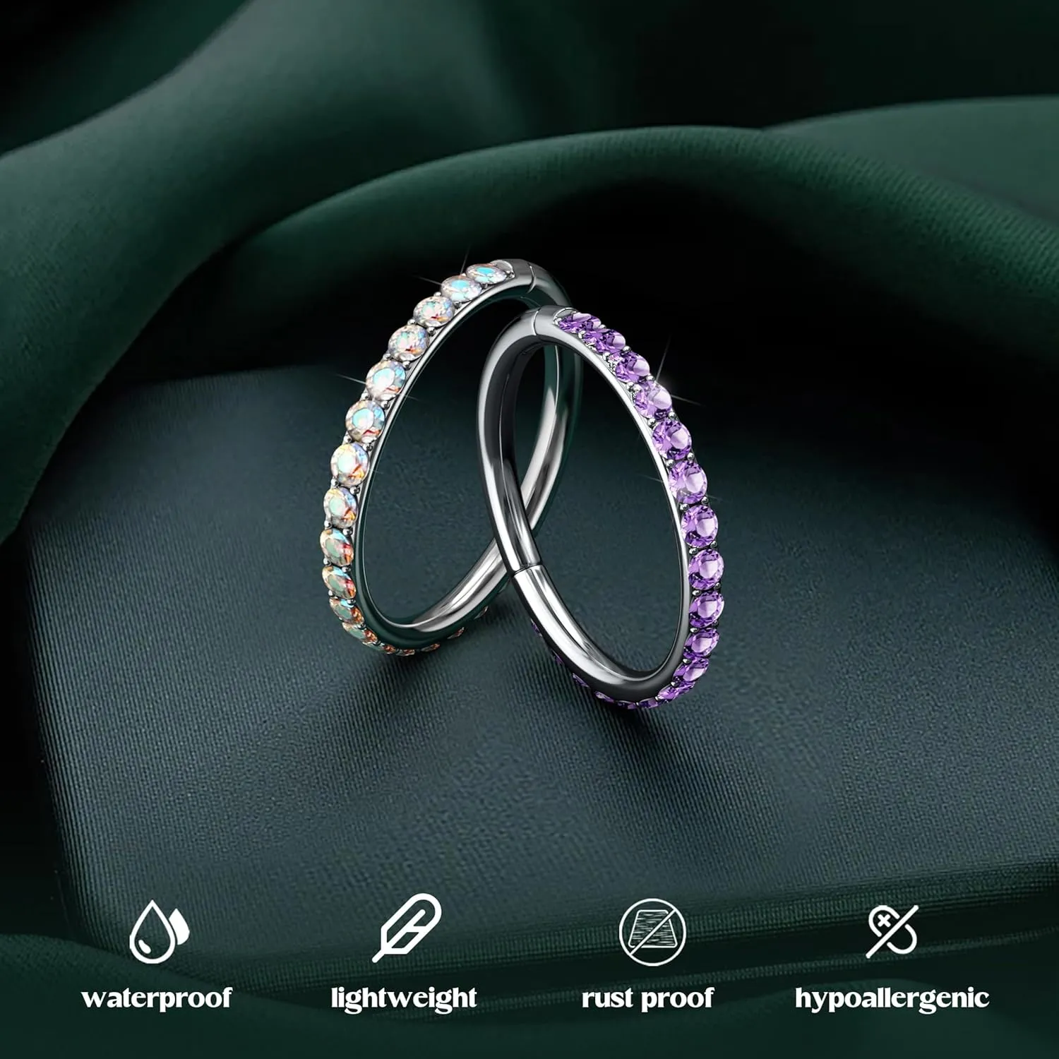 BodyBonita G23 Titanium Nose Rings Hoops - AB/Rainbow/Clear CZ Nose Piercings 16/18/20G Septum Rings Cartilage Helix Rook Tragus Lobe Daith Earrings Body Jewelry for Women Men 6/7/8/9/10/11/12mm