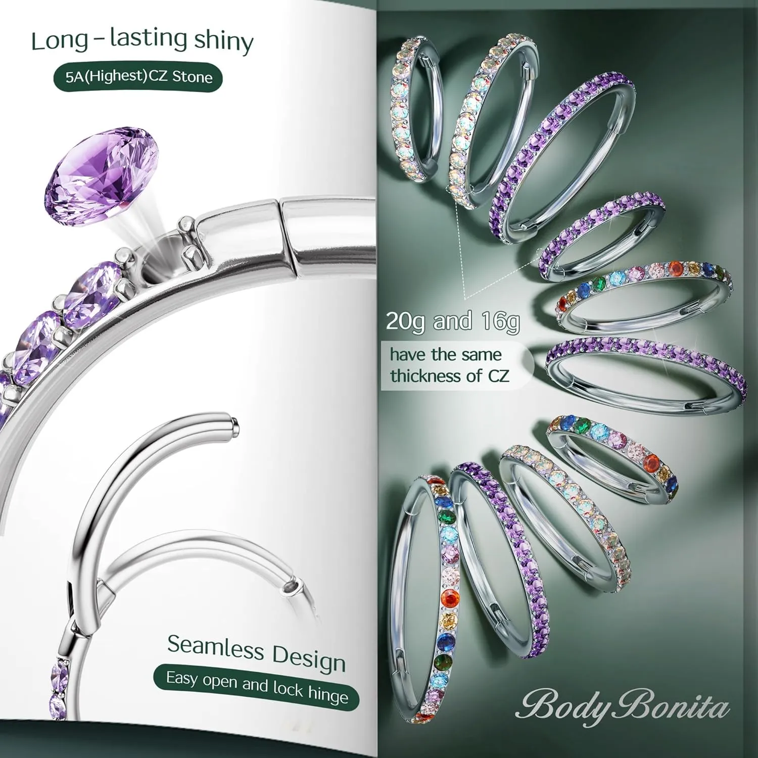 BodyBonita G23 Titanium Nose Rings Hoops - AB/Rainbow/Clear CZ Nose Piercings 16/18/20G Septum Rings Cartilage Helix Rook Tragus Lobe Daith Earrings Body Jewelry for Women Men 6/7/8/9/10/11/12mm