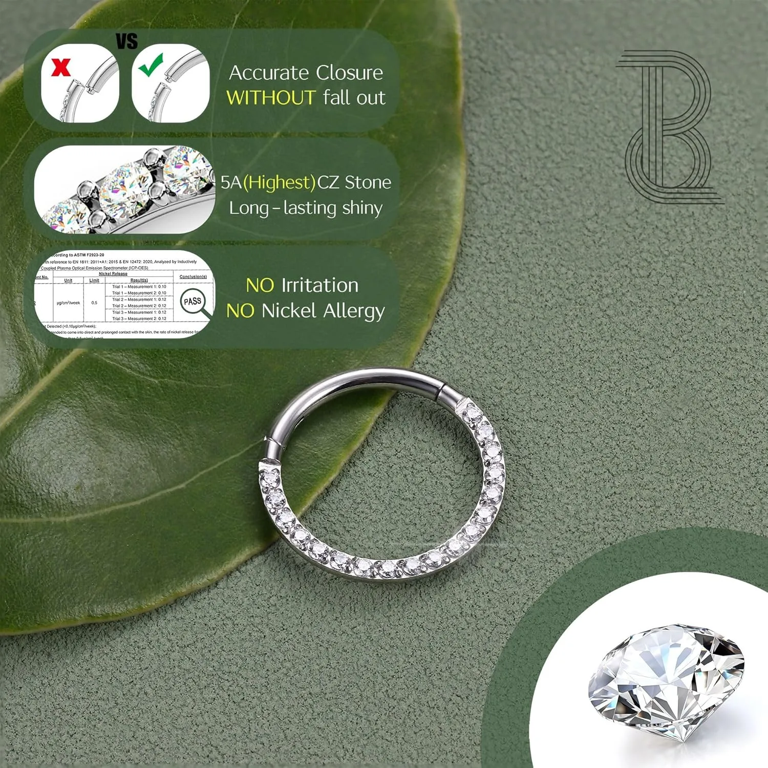 BodyBonita Hinged CZ Septum Rings - 316L Surgical Steel Nose Rings Hoops for Women 20G/18G/16G Cartilage Earrings Conch Piercing Jewelry Helix Rook Tragus Lobe Daith Snug Belly Button Ring 6mm-10mm
