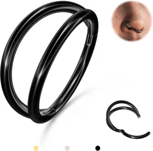 BodyBonita Triple/Double Hoop Nose Ring - G23 Titanium Septum Rings 16G/18G/20G CZ Nose Piercings Jewelry Conch Helix Daith Rook Tragus Cartilage Earring Hinged Nostril Piercing Gold/Black/Silver