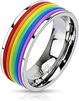 BodyJewelryOnline Gay Pride Rainbow Rubber Striped Stainless Steel Band Ring - Sizes 7-12 Available