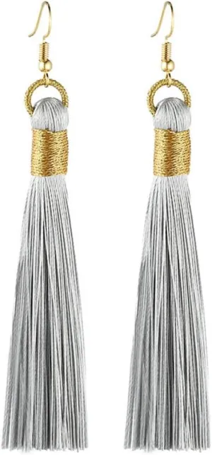 Boho Golden Wrap Silk Fabric Vintage Tassel Statement Bohemian Fashion Jewelry Fringe Drop Dangle Long Earrings