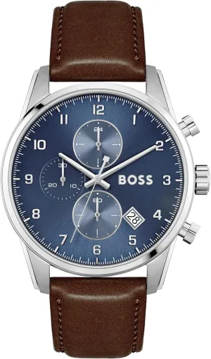 BOSS Skymaster Men's Chronograph Stainless Steel and Leather Strap Watch, Color:Brown (Model: 1513940)