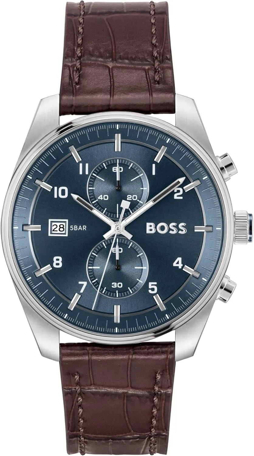 BOSS Skytraveller Men's 3H Quartz Chronograph Watch, Stainless Steel, 5ATM/50m Water Resistant - Stylish, Modern Timepiece - Gift for Him, 44mm