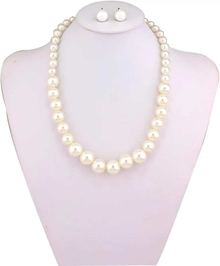 Bridal Wedding Faux Pearl Statement Necklace and Clip on Earrings Bracelet Jewelry Sets Women Bib Choker Necklace