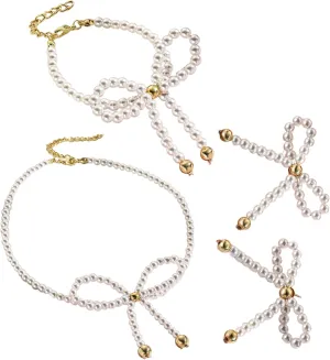 Butterfly Bow Jewelry Set Bowknot Necklace Earrings For Fashionable Women Imitation Pearls Beaded Ornaments