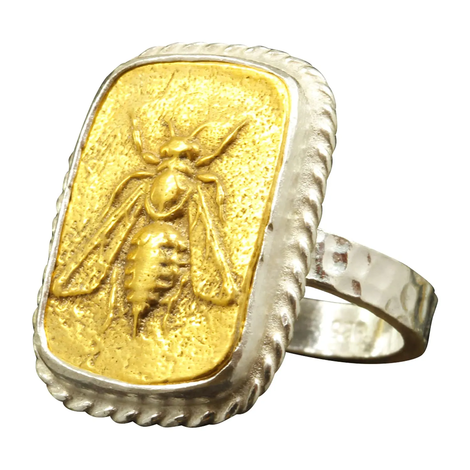 Caprixus Signet Ring 925 Sterling Silver Honey Bee Coin Ring 24K Gold Vermeil Designer Handmade Rings for Women Two Tone Bumblebee Ring Hammered Pinky Ring Turkish Fine Jewelry