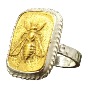 Caprixus Signet Ring 925 Sterling Silver Honey Bee Coin Ring 24K Gold Vermeil Designer Handmade Rings for Women Two Tone Bumblebee Ring Hammered Pinky Ring Turkish Fine Jewelry