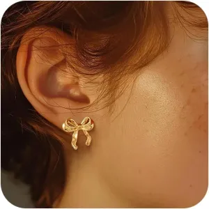 CAROVO Dainty 14K Gold Earring Sets Tiny Cartilage Bow Butterfly CZ Stud Small Chunky Open Hoop Earrings Set Multiple Piercing for Women